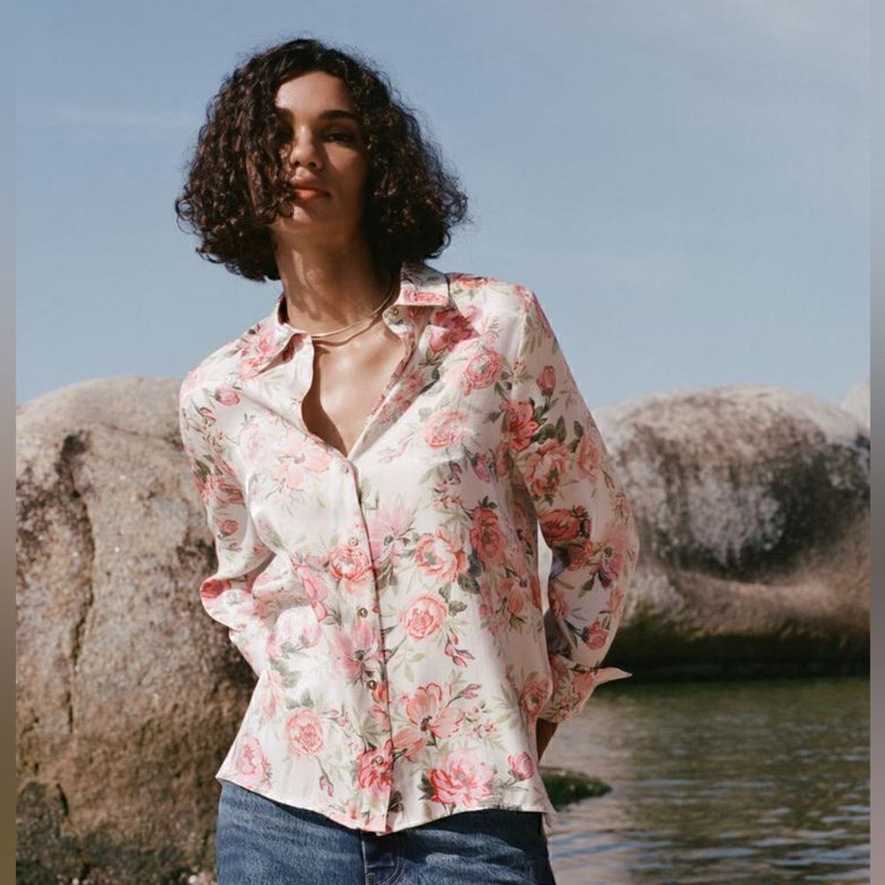 ZARA METALLIC THREAD FLORAL PRINT SHIRT - Picture 2 of 6